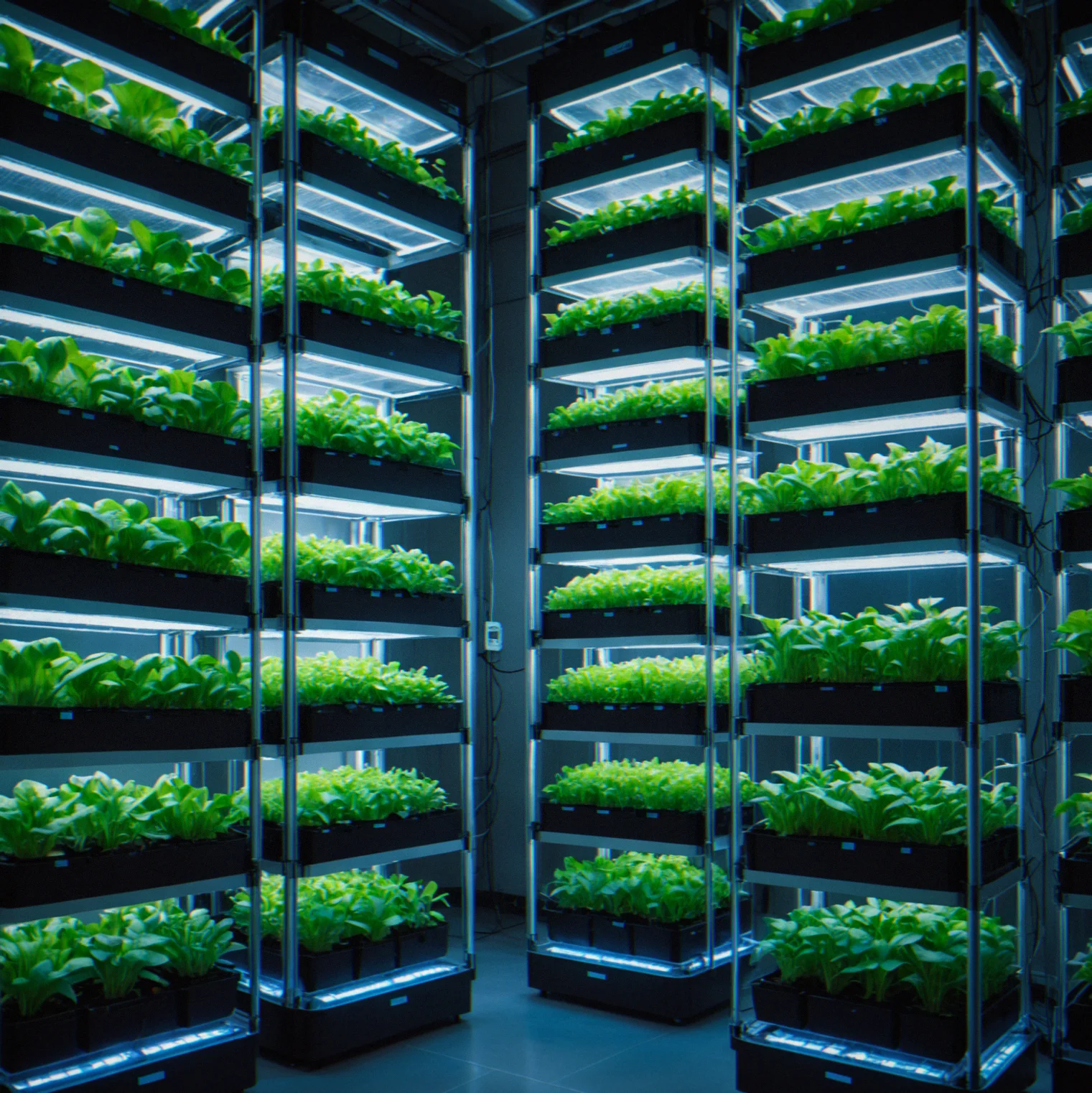 A glowing vertical farm with biotech crops growing in chambers, looks pretty futuristic