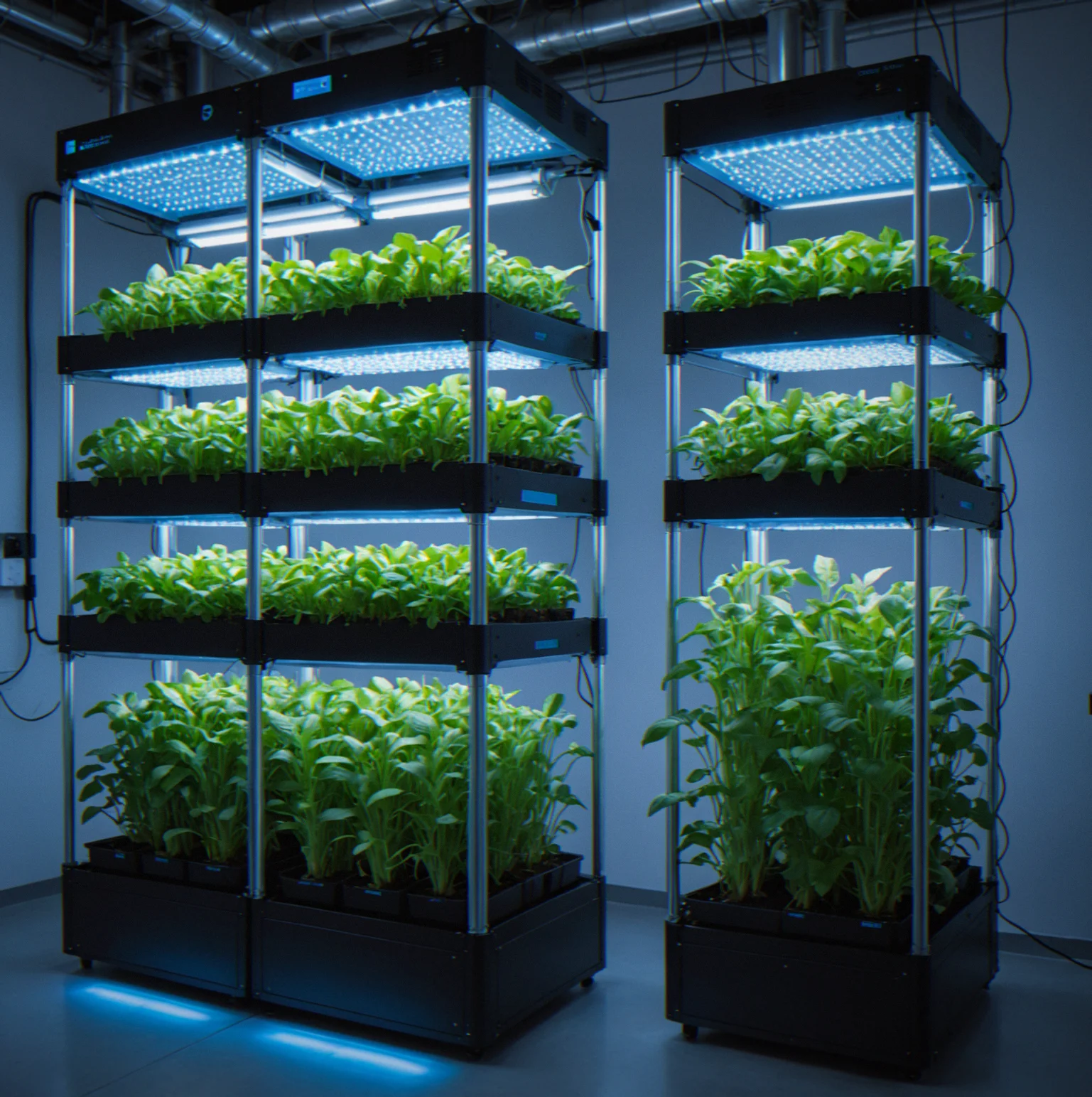 Vertical farm inside with glowing crops and live growth numbers on screen